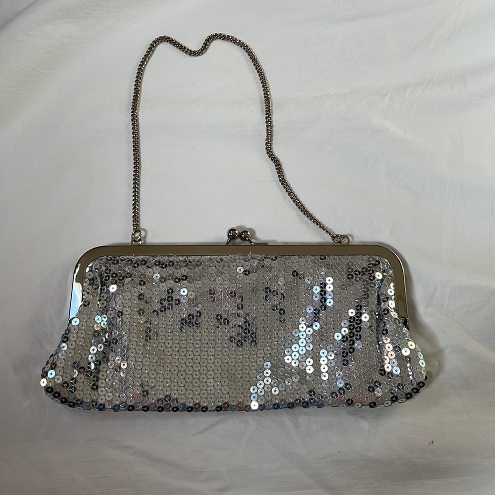 Small silver sequined LOFT clutch